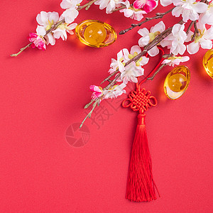 中国农历新年的设计理念美丽的中国结与梅花隔离在红色背景 平躺 顶视图 头顶布局假期金子庆典月球工艺高架艺术传统桌子平铺图片