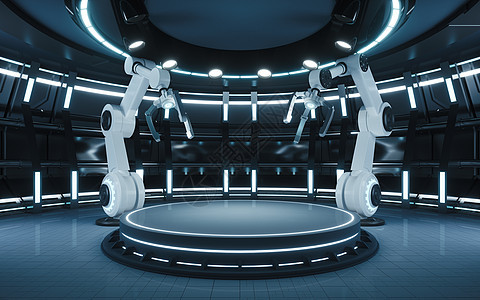 圆形 room3d 渲染中的机械臂和空舞台房间网络陈列柜生产自动化汽车科学创新平台展览图片