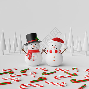 松林中的雪人 雪地上有糖果手杖3d 它制作图案图片