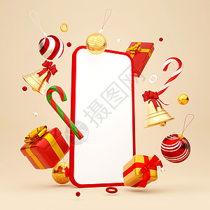 智能手机的圣诞主题与圣诞 ornaments3d 它制作图案图片