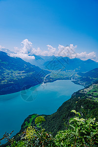 瓦伦西湖 瑞士 欧洲 对瓦伦西的观点村庄山脉农村高山顶峰游客旅行天空风景天线图片