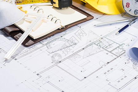 建筑师工作场所     带有蓝图的建筑项目商业测量铅笔承包商工程文书建筑学头盔白色住宅图片