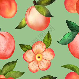 绿色背景下桃花的插图数字水彩无缝图案叶子卡通片装饰装饰品甜点热带织物墙纸纺织品植物图片