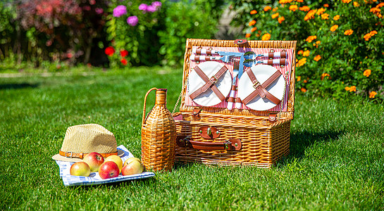 公园中阳光明媚的绿草坪上的彩礼篮子晴天午餐草地案件郊游花园柳条盒子假期盘子图片