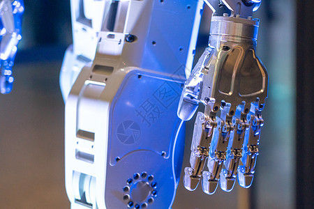 金属机器人手特写镜头 现代技术的概念 蓝吨男人手指手臂机器电子人自动化手势活力电脑科学图片