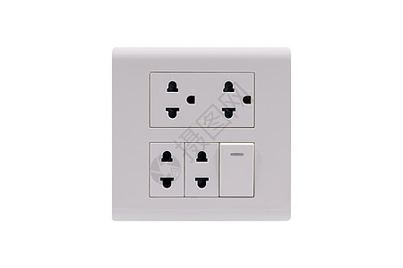 白色墙插座用“ On Off”开关连接电源插座 在白色背景上隔离图片