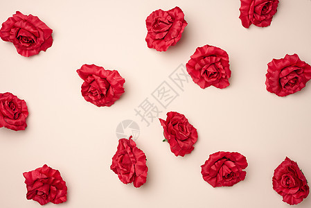 米色背景上纺织品的红玫瑰花蕾top vie图片