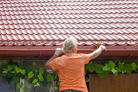一个人清理废墟 从他家屋顶的排水沟系统叶子上环境打扫垃圾家务屋顶树叶水管房子技术工作图片
