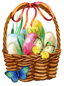 复活节篮子与蝴蝶的水彩插图图片