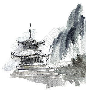 带有塔形的景观文化建筑灰阶寺庙手绘艺术草图水彩刷子建筑学图片