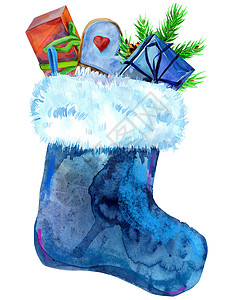 有白色毛皮和礼物的圣诞节蓝色袜子 水彩插图 孤立图片