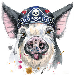 戴着骑自行车的人头巾的猪的水彩肖像分娩农场小猪问候语宠物动物朋友绘画打印假期图片