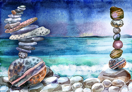 水彩手绘风景 成堆的扁平鹅卵石和海洋插图热带平衡波浪反射石头巨石海浪墙纸蓝色图片