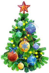 水彩图 圣诞树配有圣诞球的装饰森林插图旗帜星星假期蓝色云杉枞树松树季节图片