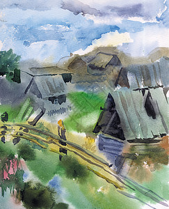 水彩天空西伯利亚村庄的水彩画背景