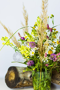 一个干树桩 树皮和小玻璃花瓶中的一束野花 时尚的外观 布局 个性广告芳香植物群化妆油礼物产品石头美容装饰植物图片