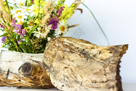 一个干树桩 树皮和小玻璃花瓶中的一束野花 时尚的外观 布局 个性横幅婚礼礼物假期装饰奶油香水石头美容风格图片
