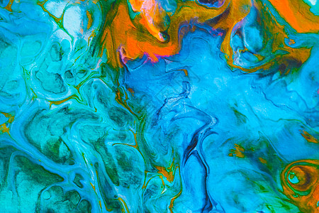 从溢出的油漆的抽象背景 画布上的多色颜料海浪蓝色液体运动染料艺术水彩白色气泡墨水图片