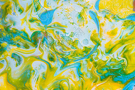 从溢出的油漆的抽象背景 画布上的多色颜料艺术海浪运动蓝色墨水液体气泡白色水彩染料图片
