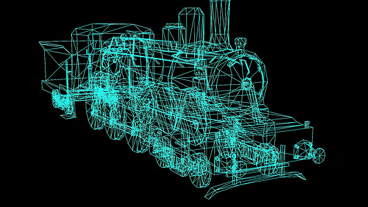 3d 插图黑色背景上的火车线框模型金属全息运动行动机甲艺术电影框架运输图片