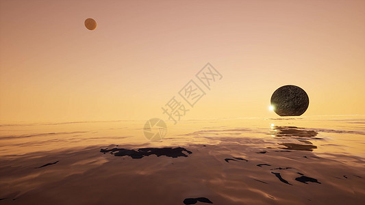 行星海洋卫星外星人景观在 3d 风格波浪海 3d rende图片