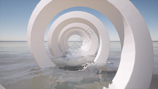 大海大海上的现代白色螺旋隧道走廊 3d rende图片