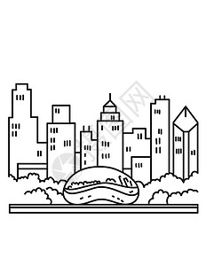 芝加哥市中心天际线与公园烧烤豆或云门雕塑密歇根湖美国伊利诺伊州单线艺术海报图片