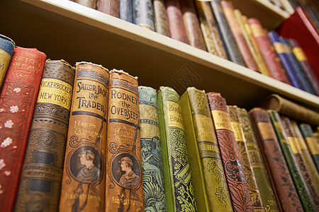 寻找书架上满是旧皮革书籍的书架图片