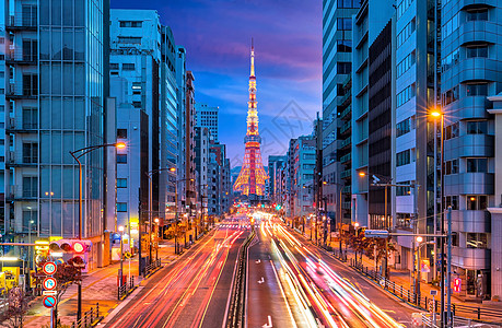 东京塔的东京市街景办公室蓝色天空地标天际游客交通建筑物日落景观图片