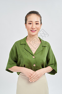 快乐的亚洲年轻商业女郎 与白种背景隔绝女孩工人女性工作商业商务工作室微笑白色成功图片