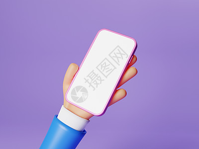 手机插画商务人士卡通人物手持智能手机 紫色背景上带有白色隔离屏幕显示 男人手使用手机样机 最小的经营理念 3D插画渲染背景