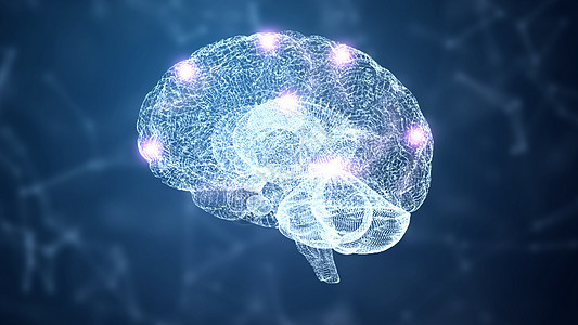 摘要 HUD脑和神经系统电线框架全息图模拟节点 蓝色背景有照明灯光 纳米技术和未来科学概念 3D 插图图片
