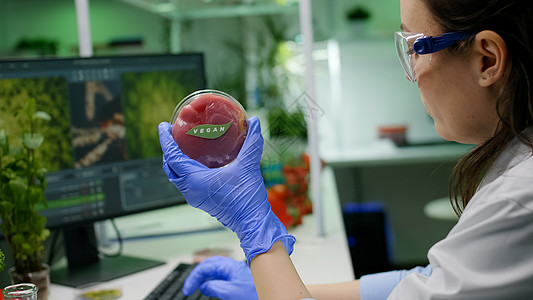 化学家分析以植物为基础的牛肉替代蔬菜种植物的食品技术生物样本科学家微生物学健康女士药品专家饮食图片