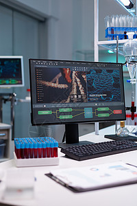 没有人在有研究设备的科学实验室器皿房间玻璃桌子生物学管子诊所烧瓶药品监视器图片