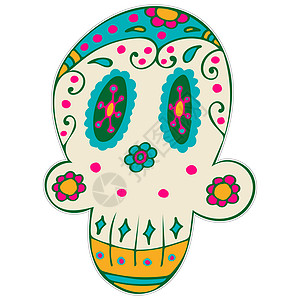 死亡印刷贴纸者日 带多彩墨西哥元素和花朵的糖浆树叶黑色手绘涂鸦黄色嘉年华糖头骨收藏叶子假期图片