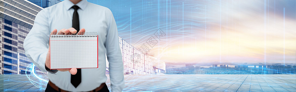 穿着黑色领带的男人拿着空页图形笔记本围绕未来技术 员工展示被现代自动化包围的空白工作簿商务套装电脑成人蓝色人士窗户职业城市商业图片