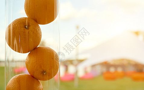 三个有机多汁的甜甜 健康的橙子 紧闭式 放在一个水晶花瓶中 以丰富多彩的自然背景图片
