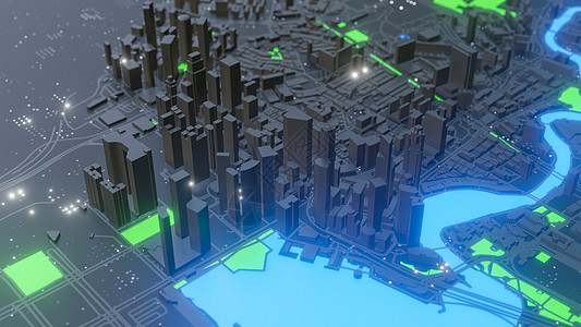 有大厦和街道的抽象霓虹灯发光的聪明的城市摩天大楼横幅天际科学蓝色网络景观3d小说建筑学图片