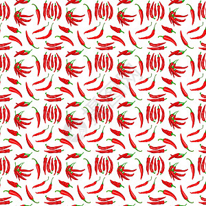 白色背景上红辣椒荚无缝图案的数字插图卡通片绿色绘画红色厨房香料蔬菜烹饪墙纸香肠图片