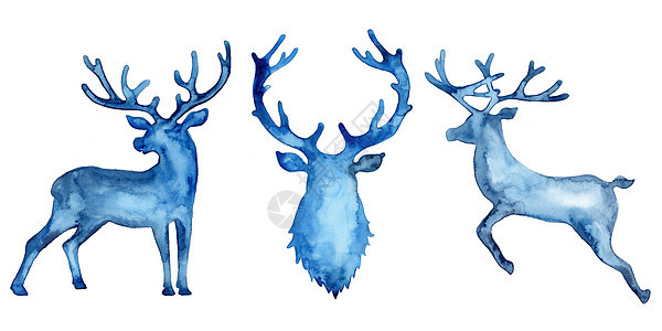 水彩剪影集鹿跳鹿和蓝色的头 动物画 雄鹿和鹿角圣诞插图上白色孤立 装饰新年符号 printdecor 驯鹿图片