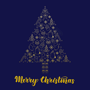 抽象程式化的圣诞树与深蓝色背景上的金色轮廓 贺卡请柬礼品包装和其他主题产品的插图图片
