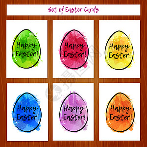 一套复活节贺卡 木制背景上有五颜六色的鸡蛋 模仿水彩 复活节贺卡模板插图明信片字体庆典海报假期元素设计宗教传单图片