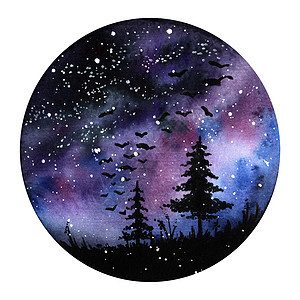 水彩画北极光空间景观 紫黑色和蓝色的颜色 现代新一轮插图与星系树 艺术水彩绘画背景艺术质感 树漆图片