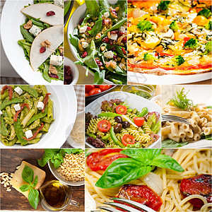 意大利食品拼贴画和意大利菜谱面条食物沙拉盘子收藏叶子美食小吃香蒜饮食图片