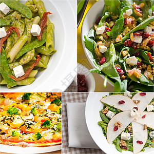 意大利食品拼贴画和意大利菜谱小吃面条沙拉叶子作品香蒜盘子营养饮食收藏图片