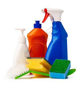 以白色背景隔离的卫生家庭清洁用品清扫设备清洁工浴室打扫消毒剂瓶子家政塑料工具擦洗房子图片