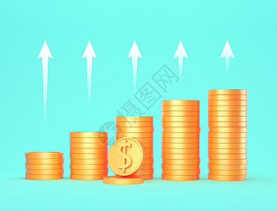 增长收益和财务成功概念金币和孤立在蓝色背景上的白色箭头 3d 渲染利润投资交换市场金融生长金属库存金子银行业图片