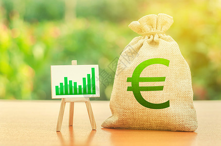 带有欧元符号的钱袋和带有绿色增长趋势图的支架 增加利润和财富 工资的增长 招商引资 贷款和补贴 有利的商业条件背景图片