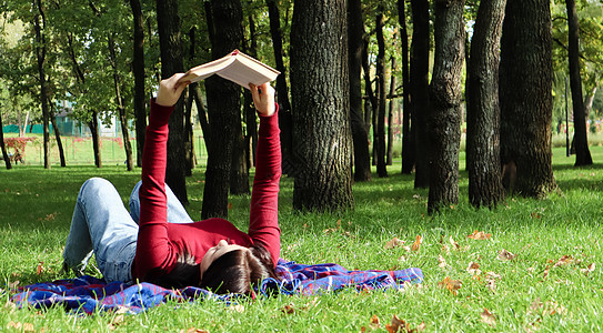 在阳光明媚的日子里 年轻女子躺在绿色草地上的城市公园的羊毛格子毯上阅读她最喜欢的书 娱乐 教育和远程学习的概念说谎文学学校大学女图片