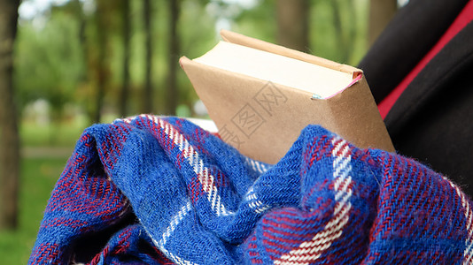 在公园里穿着毛衣和黑色外套的女人手里拿着一本书 上面有蓝色方格羊毛毯或格子花呢 温暖和晴朗的天气 柔软舒适的照片 特写图片